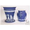 Image 2 : 2 Pieces of Cobalt Blue Wedgwood Jasperware including 6" plant pot and a 4-1/2" water jug