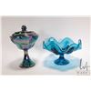 Image 1 : Two pieces of vintage art glass including blue iridescent Carnival glass lidded comport and a fluted