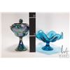 Image 2 : Two pieces of vintage art glass including blue iridescent Carnival glass lidded comport and a fluted
