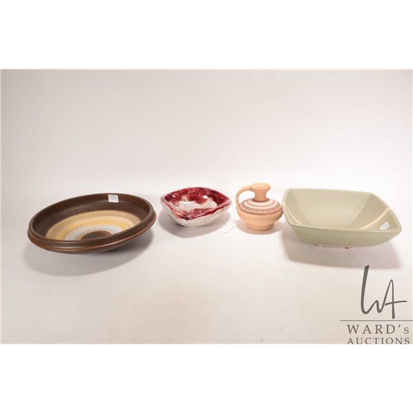 Four pieces of vintage pottery including square footed 9" X 9" bowl, glazed three sided dish, small 