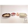 Image 1 : Four pieces of vintage pottery including square footed 9" X 9" bowl, glazed three sided dish, small 