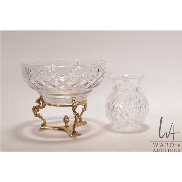 Stuart Crystal 8" center bowl in brass pedestal and a Waterford 5" vase