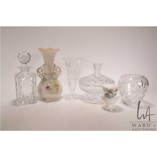 Selection of collectible crystal and porcelain including Belleek Princess vase with hand applied flo
