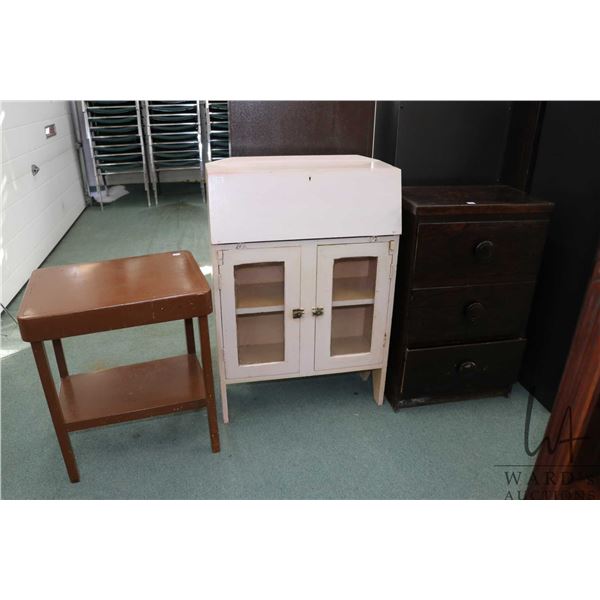 Three pieces of small furniture including painted side table, painted child sized fall front desk an