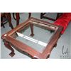 Image 2 : Coffee table height, wooden end table with glass top and carved ball and claw feet. See photo for fa