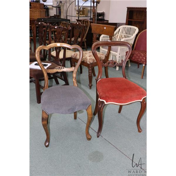 Two antique balloon back chairs, both with curved supports and upholstered seats