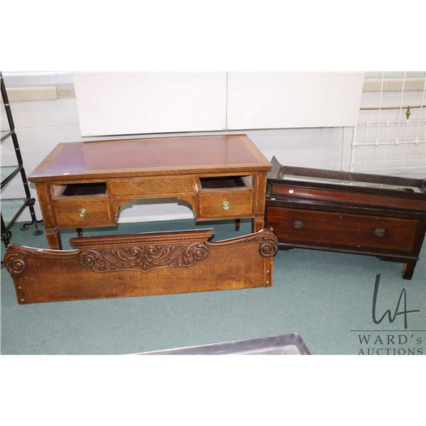 Selection of project pieces including leather top desk missing two drawers, buffet topper/ backboard