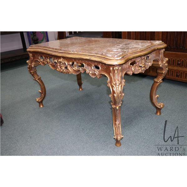 Louis XV baroque style gilt wood coffee table with marble top and decorative skirt and supports, 20"