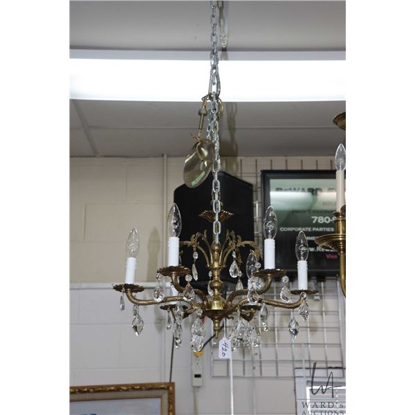 Vintage brass six branch chandelier with hanging lustres