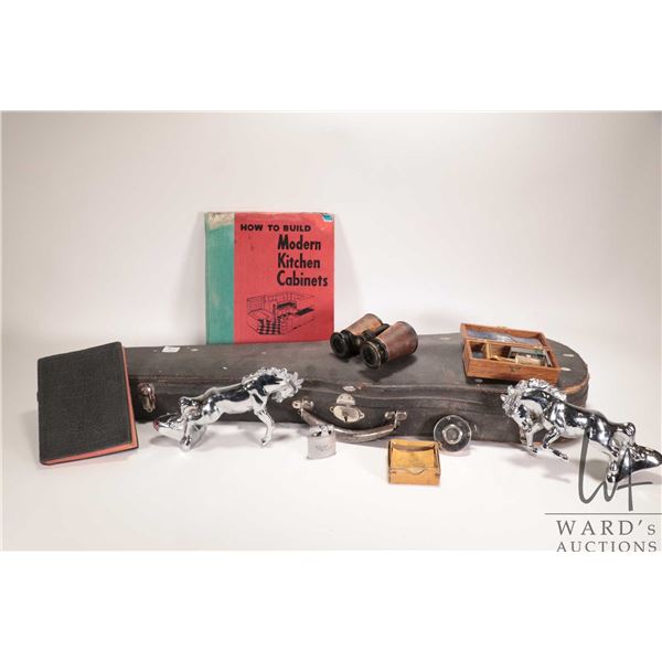 Selection of collectibles including vintage violin with 2 bows, chin rest, and leather wrapped case,