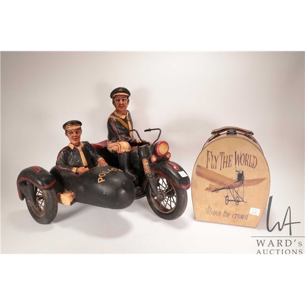 Vintage collectible police motorcycle with side car sculpture, 16" tall and 19" long, and a small vi