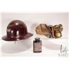Image 1 : Antique bakelite miners pit helmet, a antique miners cap with gas light, and a Daimon Contact flashl