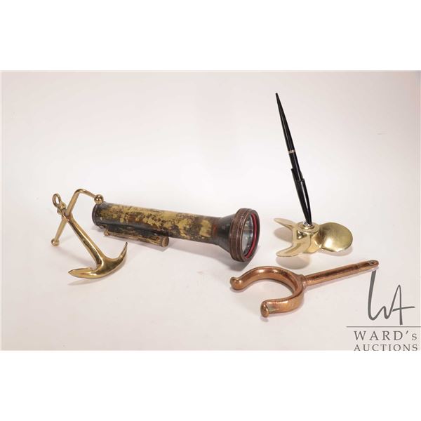 A selection of naval theme items including an antique brass Shimwell Alexander and Co. signal light,