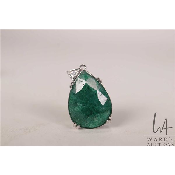 11.30 ct. emerald pear shaped gemstone in stelring silver pendant mount with certificate provided by