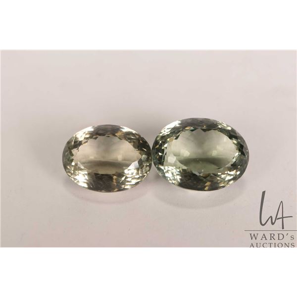 Pair of natural Prasiolite oval mixed cut gemstones, total 81.5 cts with certificate provided by con