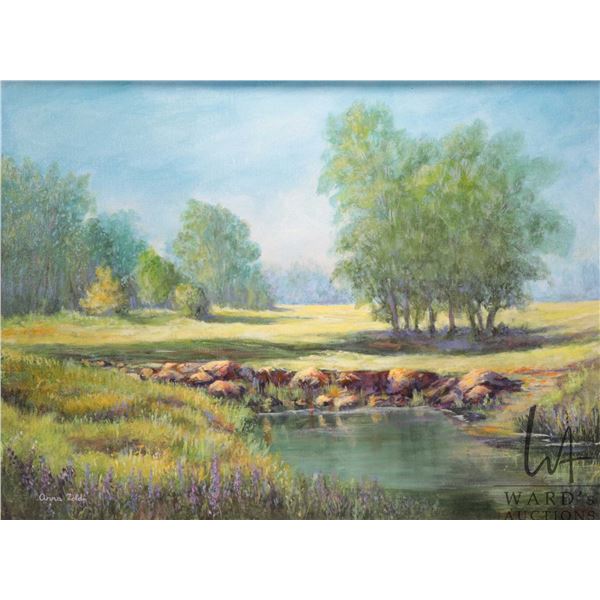 Anna Zoldi, framed acrylic on canvas painting of a spring creek and meadow scene 17-1/2" x 23-1/2"