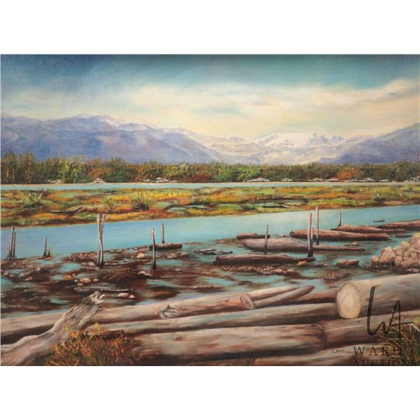 C. McCubbing, framed oil on board painting of drift wood in a mountainous river, dated 1975, 17-3/4"