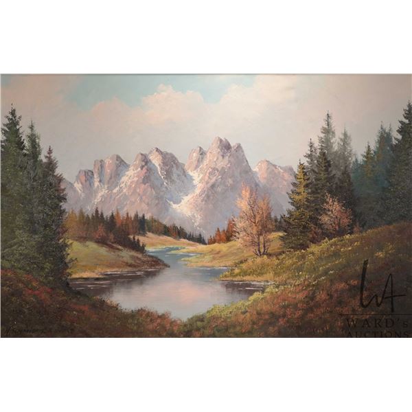 K. Schmidt. Konrad, gilt framed oil on canvas painting of a mountain creek scene 23" x 35"