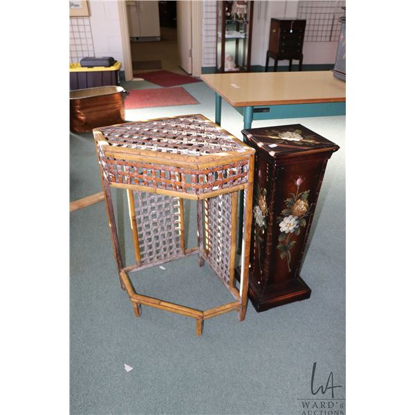 Painted floral motif statuary stand 27 1/2" in height and a woven bamboo corner table, missing botto