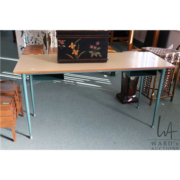 Vintage metal school desk with laminated top and two book storage sections, 30" in height X 60" L X 