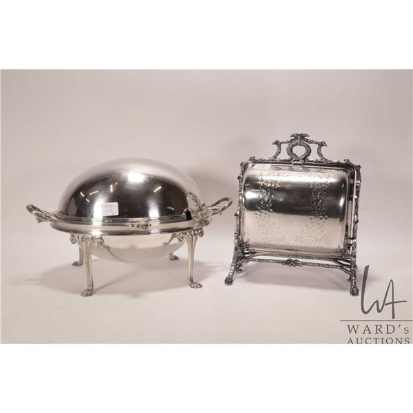 Antique silver-plate biscuit warmer and revolving chafing dish