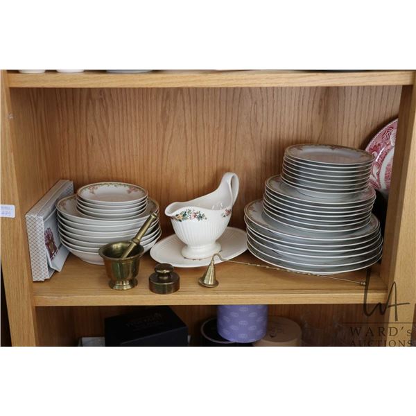 Shelf lot of collectibles including six dinner plates, seven side plates, eight bread and butter , s