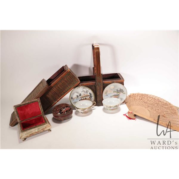 Vintage Chinese two tier wedding basket, 11" X 10" X 5", two Japanese Kutani-style tea cups and sauc