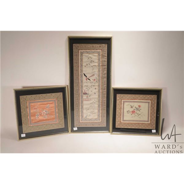 Three framed vintage Chinese silk embroidered panels including two 13" X 13" and a 26" X 11 1/2"