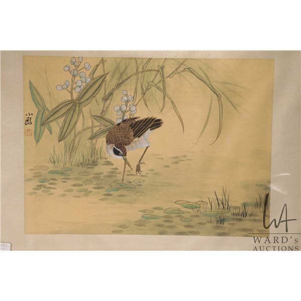 Framed vintage/ antique Japanese woodblock on silk print with silk embroidered edging, featuring wat