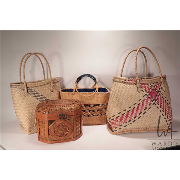 Four woven baskets including three shopping bags and a hinged box