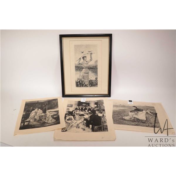Four French etched prints including one framed and three unframed, all appear to be circa 1880's tim