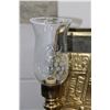 Image 3 : Vintage bas relief brass magazine holder and two bedside lamps with glass hurricane style shades