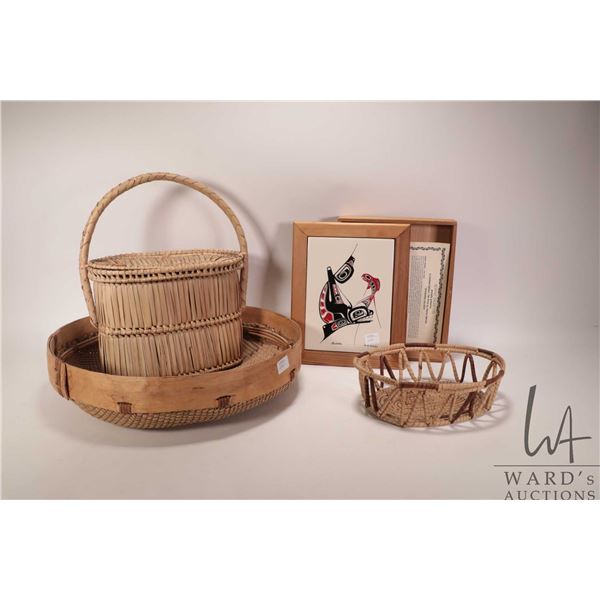 Selection of woven baskets and a glazed tiled top cedar box "Survival" by D. M. Dennis10" X 8 1/4"