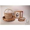 Image 1 : Selection of woven baskets and a glazed tiled top cedar box "Survival" by D. M. Dennis10" X 8 1/4"