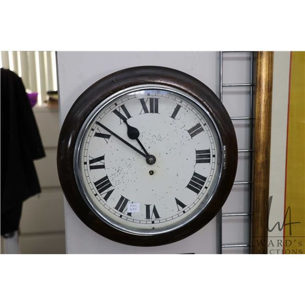 Vintage English made railway clock with white enamel 12" dial and Roman numerals, working at time of