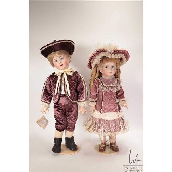 Two handmade reproduction dolls including A. T. 14 "Rentelle" with bisque head, threaded blue glass 