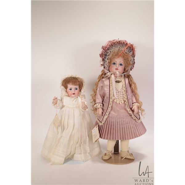 Two handmade reproduction dolls including Circle Dot Bru "Estelle", bisque head with threaded blue g