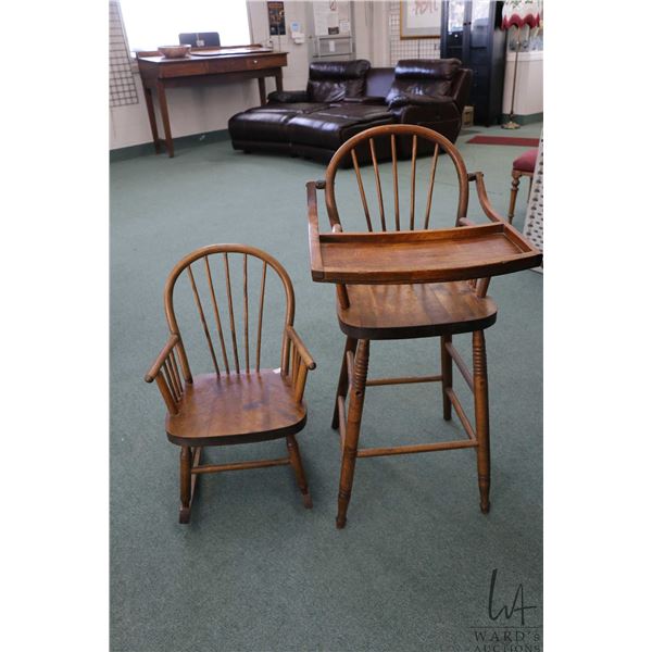 Windsor style child's high chair for doll or teddy bear use and a matching child's rocking chair