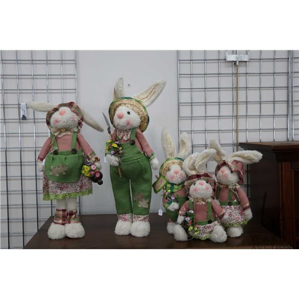 Five decor Easter rabbits including 24" mum and dad with three children