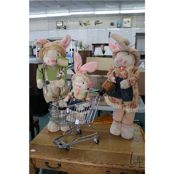 Three decor Easter rabbits including 24" mum and dad plus baby and a metal miniature shopping cart