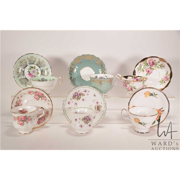 Six collectible china tea cups and saucers Aynsley, two Paragon, Rosina, Queen Ann and Royal Albert