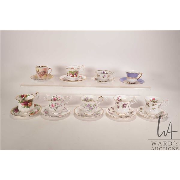 Nine small and demitasse china cups and saucers including Paragon, Royal Albert, Queens, Bohemian et