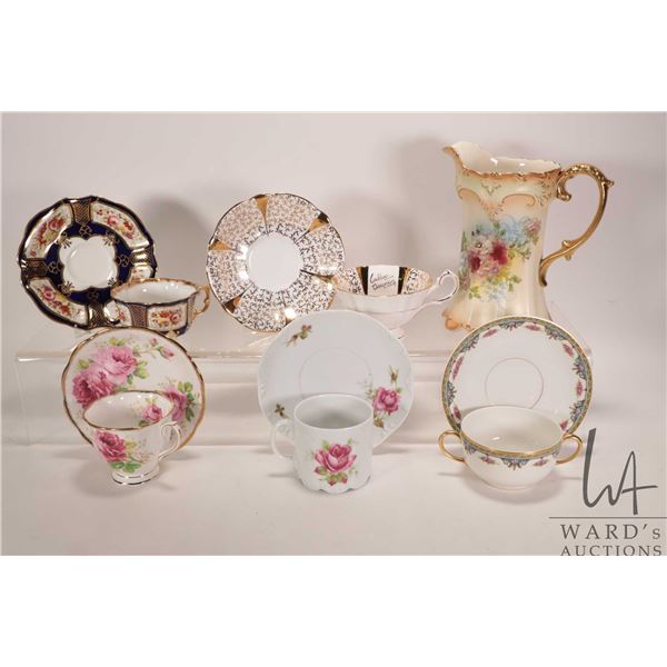 Five collectible china tea cups and saucers including Queen Ann, Royal Albert, Limoges, Rosenthal, h