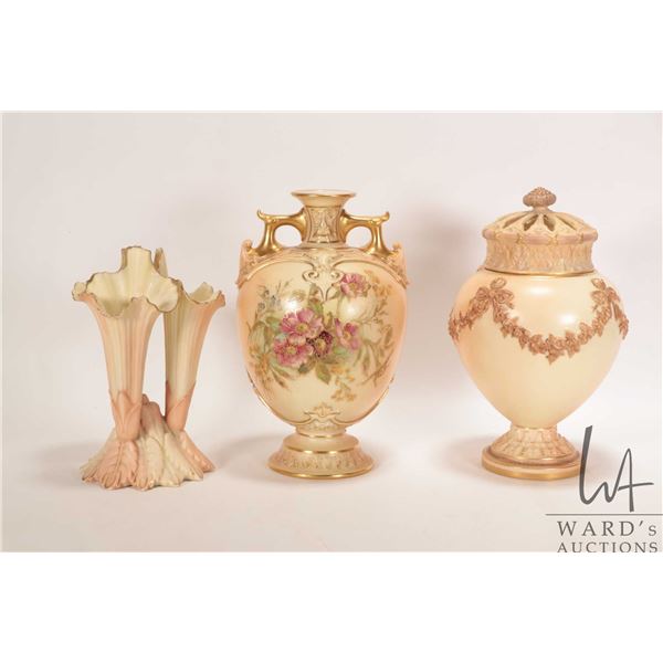 Three pieces of vintage/ antique Royal Worcester blush ivory including 8" vase with handpainted flow