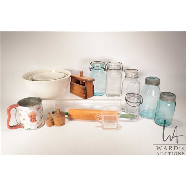 Selection of vintage kitchen items including three ironstone bowls including marked W. Adams & Sons,