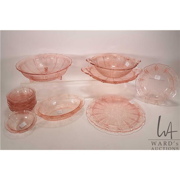 Selection of Jeanette Glass "Cherry Blossom Pink" including fruit bowl with six fruit nappies, doubl