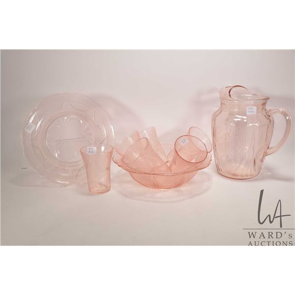 Selection of Hazel Atlas "Royal Lace" glassware including juice pitcher and six tumblers, cake plate