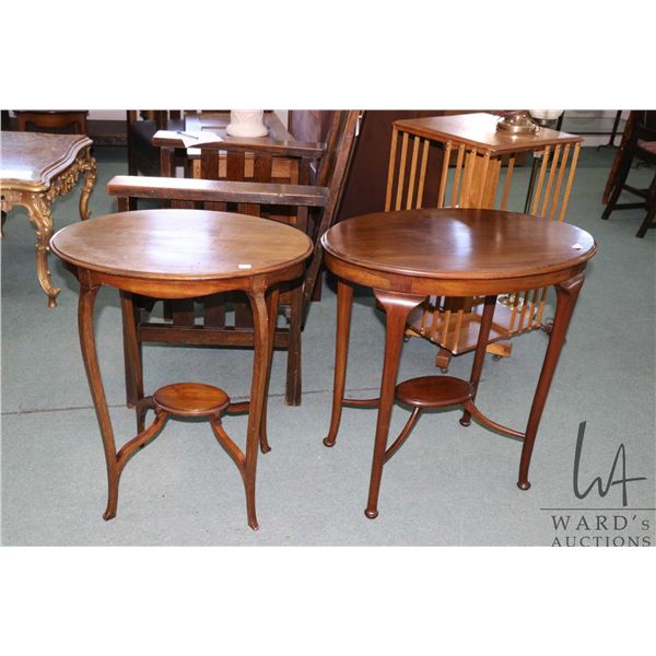Two vintage mahogany Edwardian style oval occasional tables including one marked "Matson & Waters, H