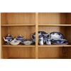 Image 1 : Shelf lot of vintage and antique blue and white pottery including Flow Blue, teapot, large lidded su