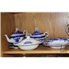 Image 2 : Shelf lot of vintage and antique blue and white pottery including Flow Blue, teapot, large lidded su